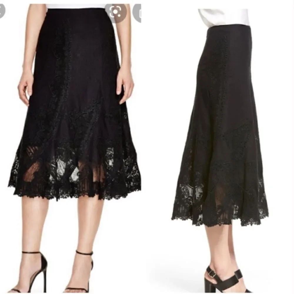 Kobi Halperin Rydel LaceβInset Midi Skirt Embroidered Linen Black Sizeβ2